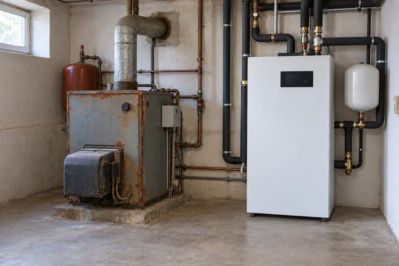 Alter Ölkessel und neue Wärmepumpe beim geförderten Heizungstausch im Keller