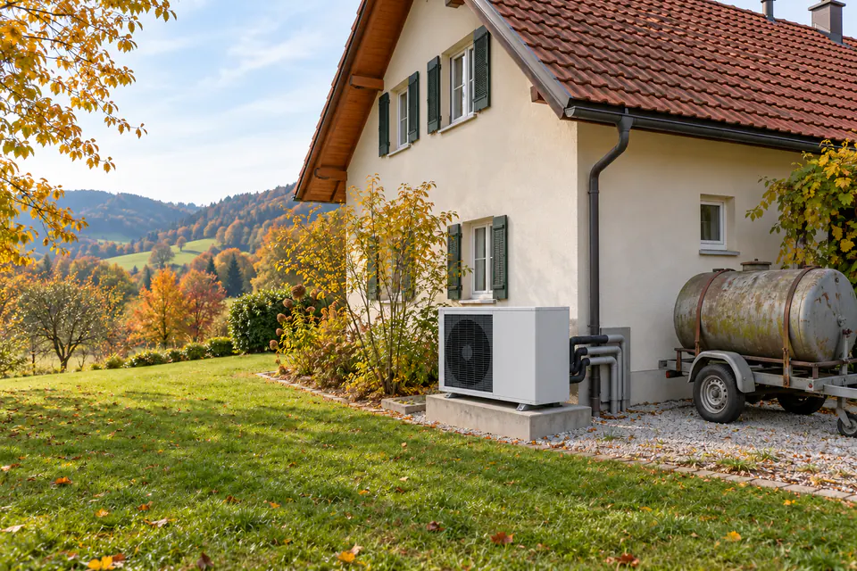 Hausbesitzer prüft die Förderung für eine neue Wärmepumpe vor seinem Einfamilienhaus